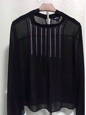 DKNY  Black Sheer Long-Sleeve Blouse with Vertical Rhinestone Strips